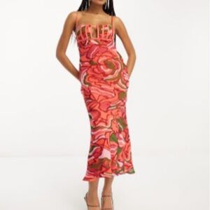 ASOS Vibrant Pink and Green Midi Dress